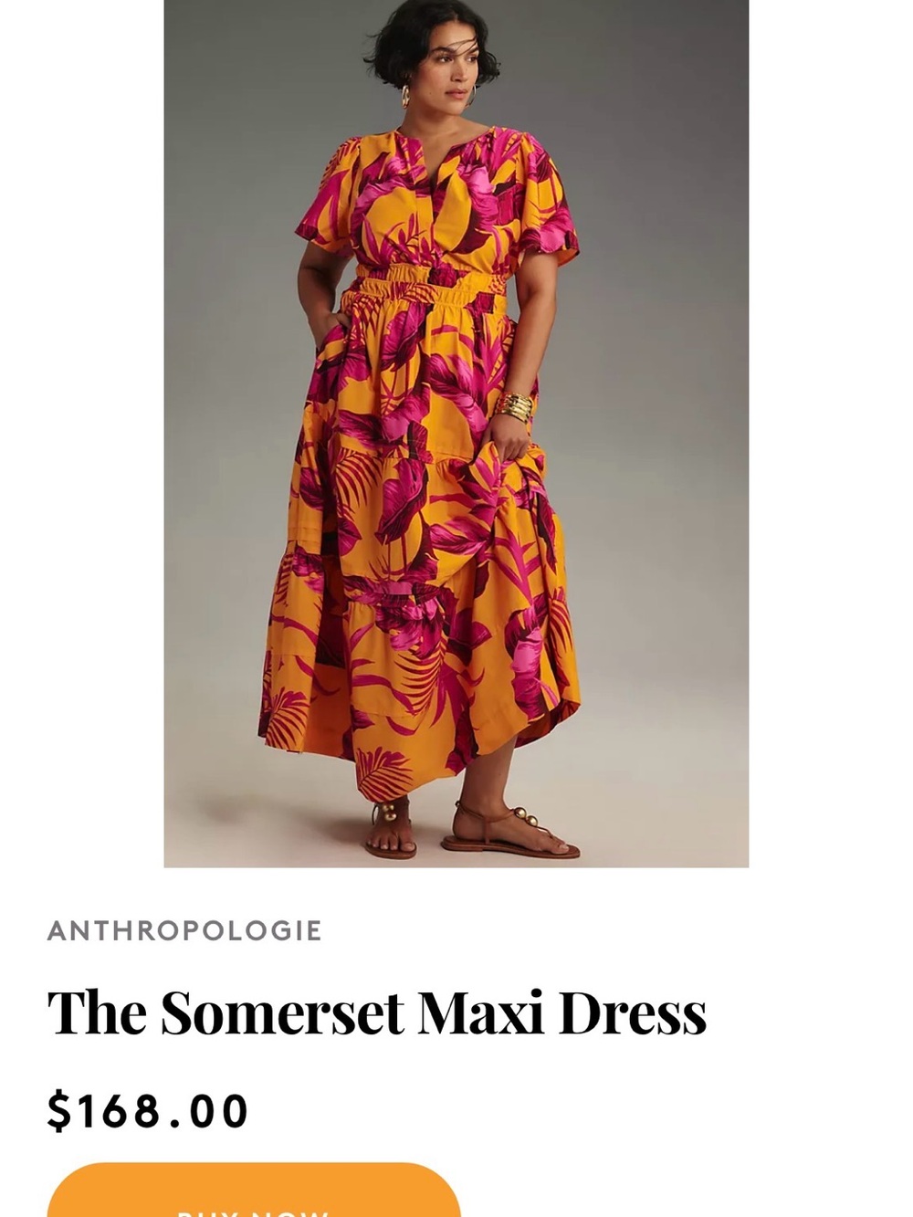 Anthropologie Bold Yellow Maxi Dress with Fuchsia Floral Print